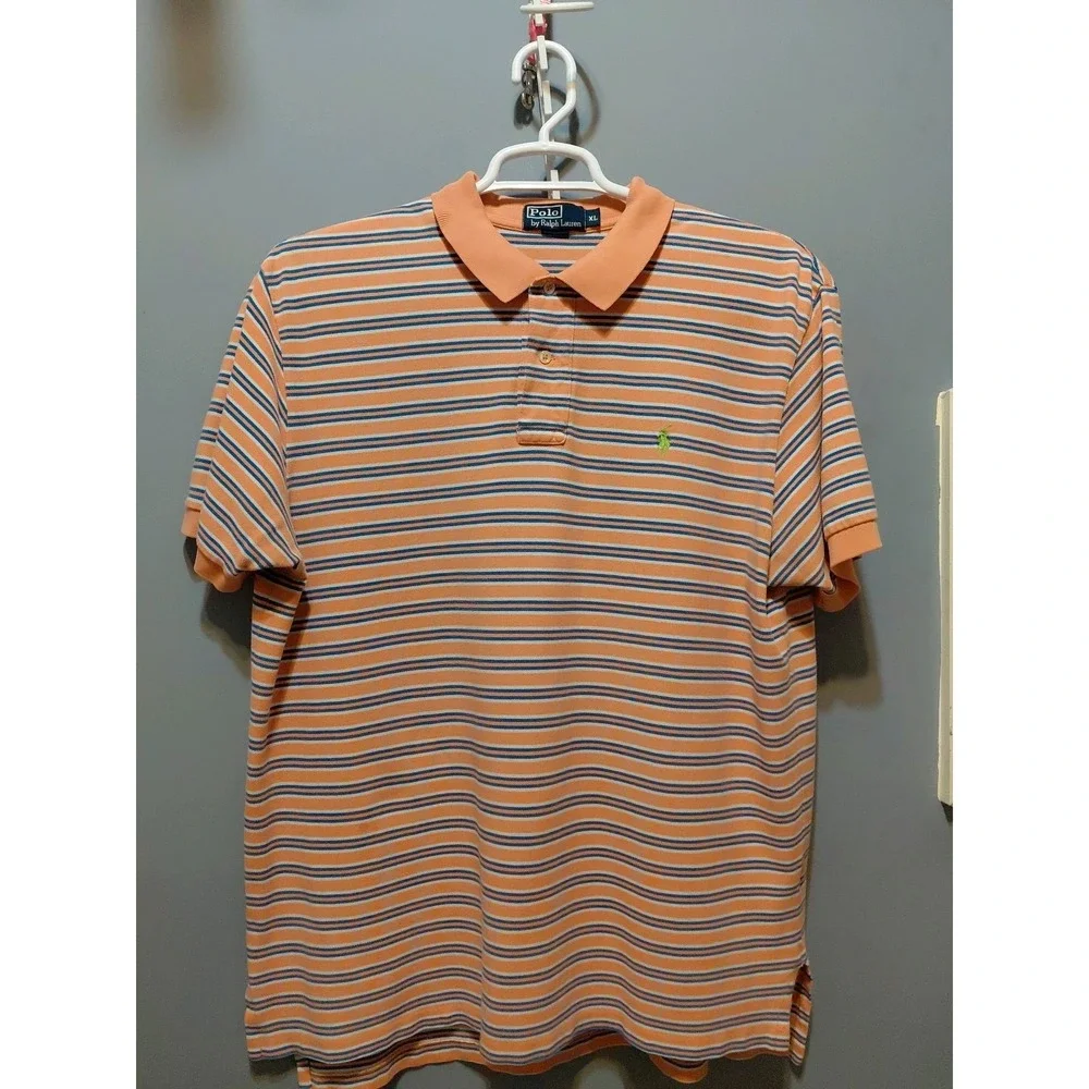 Ralph Lauren Striped Polo Mens L Orange/Blue Shirt Green Pony Logo Stretchy